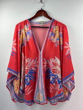 Flying Tomato Red Tropical Floral Sheer Kimono Top Size S